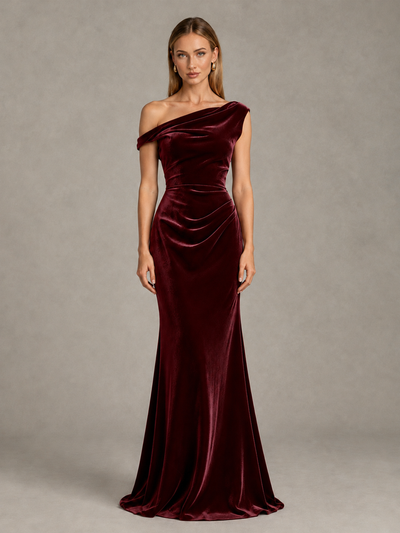 BOLODOO burgundy one-shoulder velvet mermaid evening gown front view