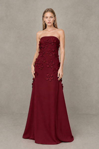 BOLODOO Burgundy Strapless 3D Floral Appliqué Crepe Maxi Gown 