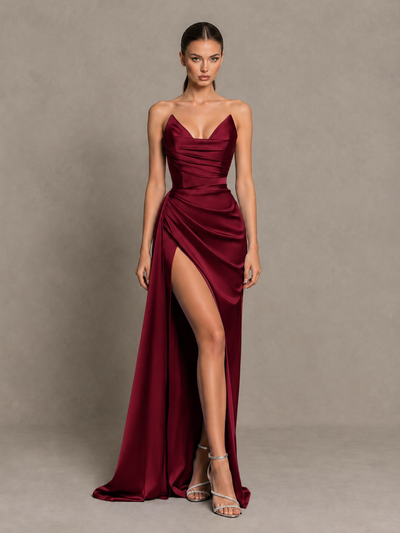 BOLODOO Burgundy Strapless Satin High-Slit Lace-Up Prom Dress 