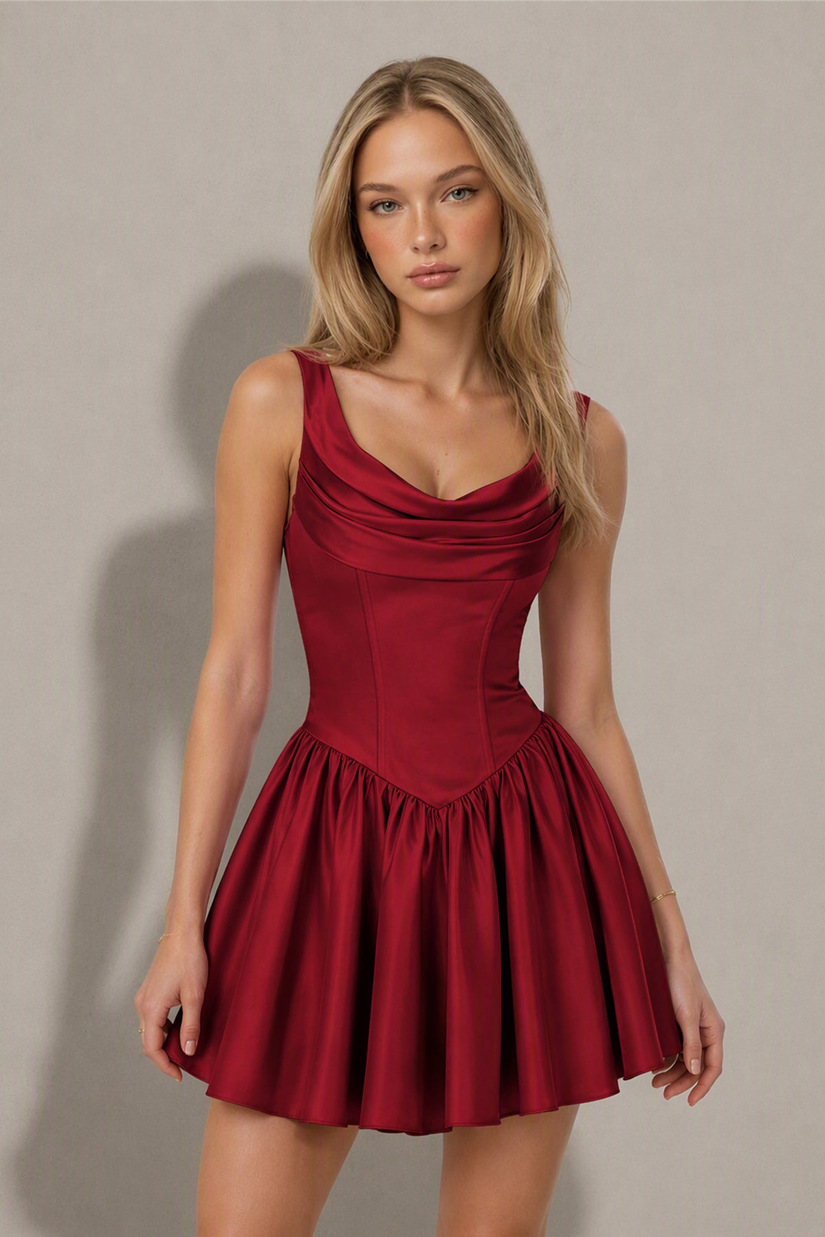 BOLODOO Burgundy Satin Cowl Neck Wide Strap Corset Lace-Up Back Fit and Flare Mini Dress - Front View