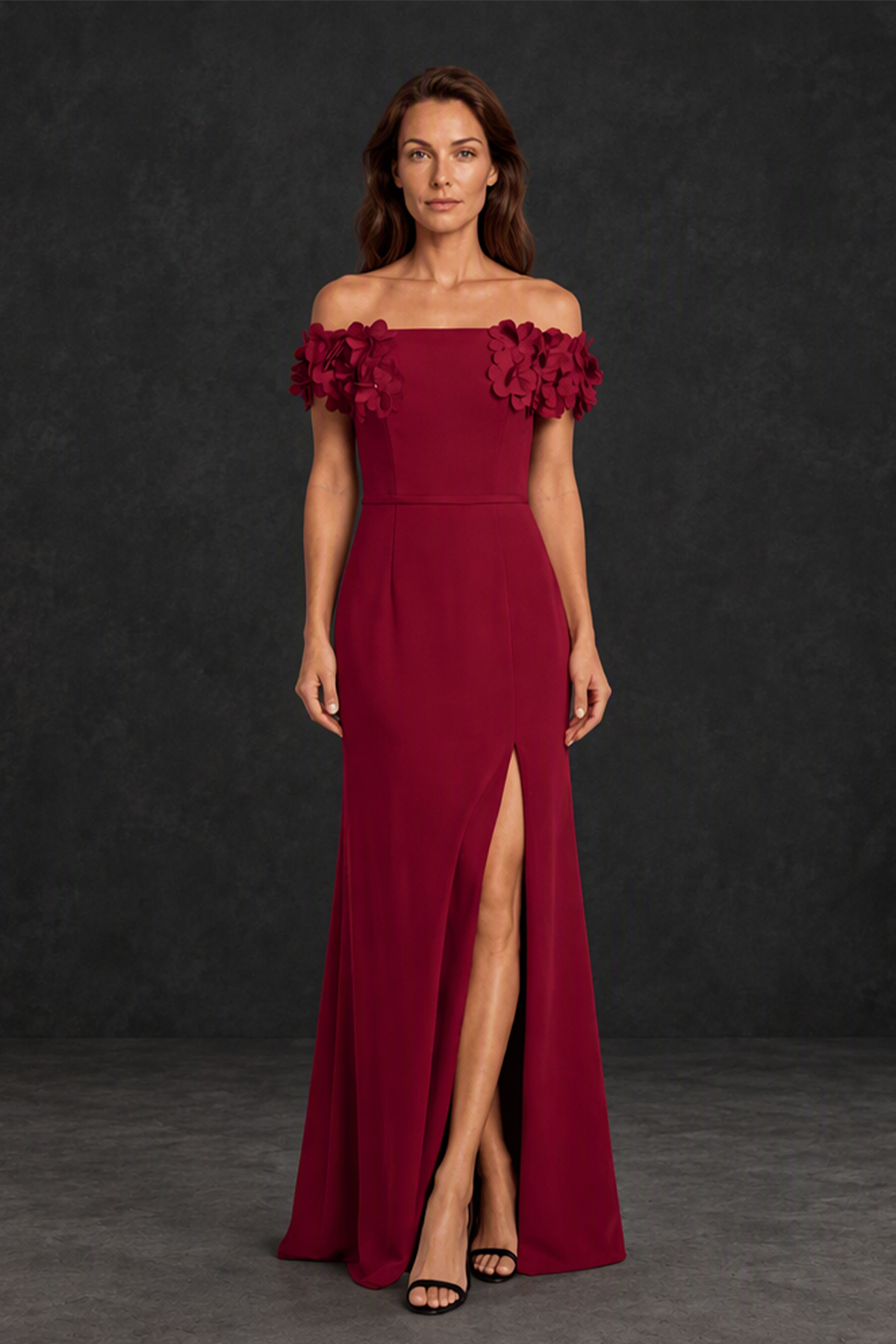 BOLODOO XX072 burgundy off-the-shoulder floral gown with high front-side slit, full front view