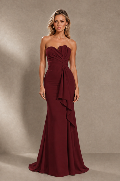 BOLODOO Burgundy Strapless Sweetheart Ruched Mermaid Gown | Cascade Drape Formal Evening Dress 