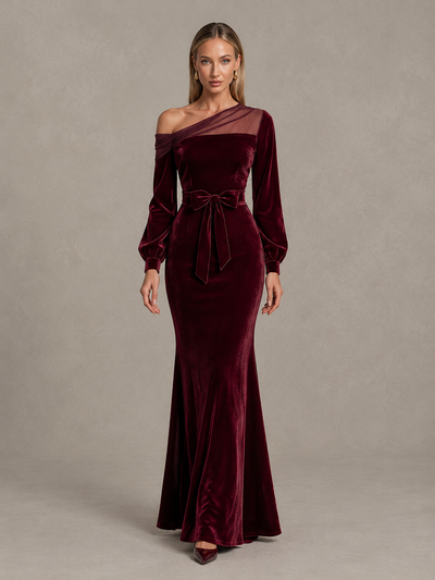 BOLODOO Burgundy Velvet Mermaid Evening Dress with Long Sleeves 