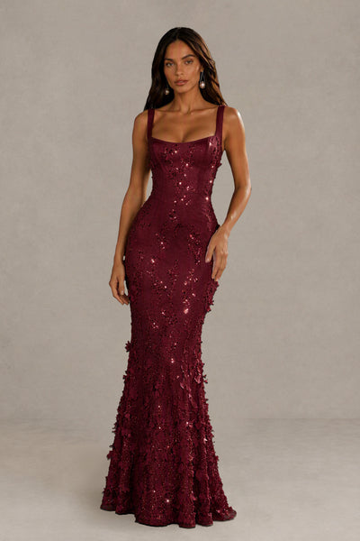 BOLODOO Burgundy Sequin 3D Floral Mermaid Maxi Gown – Lace-Up Back Formal Dress 