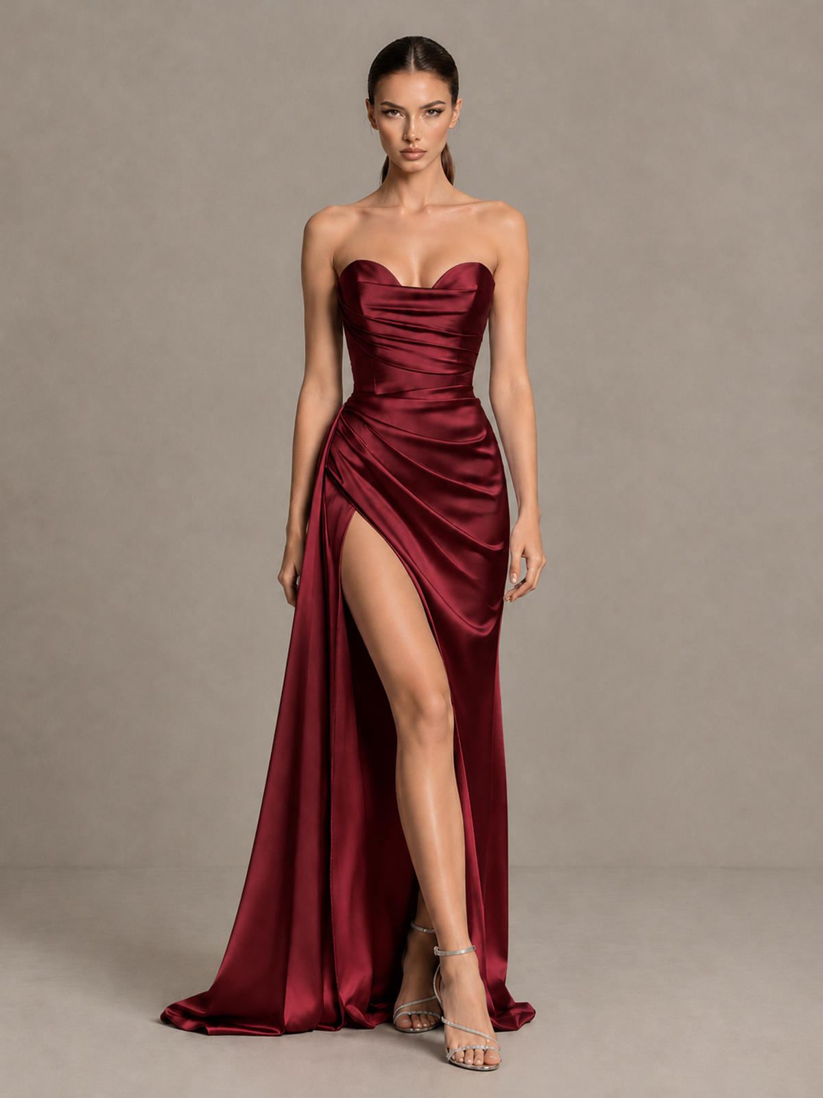 BOLODOO burgundy strapless satin-look prom dress with thigh-high slit and sweep train, angled front