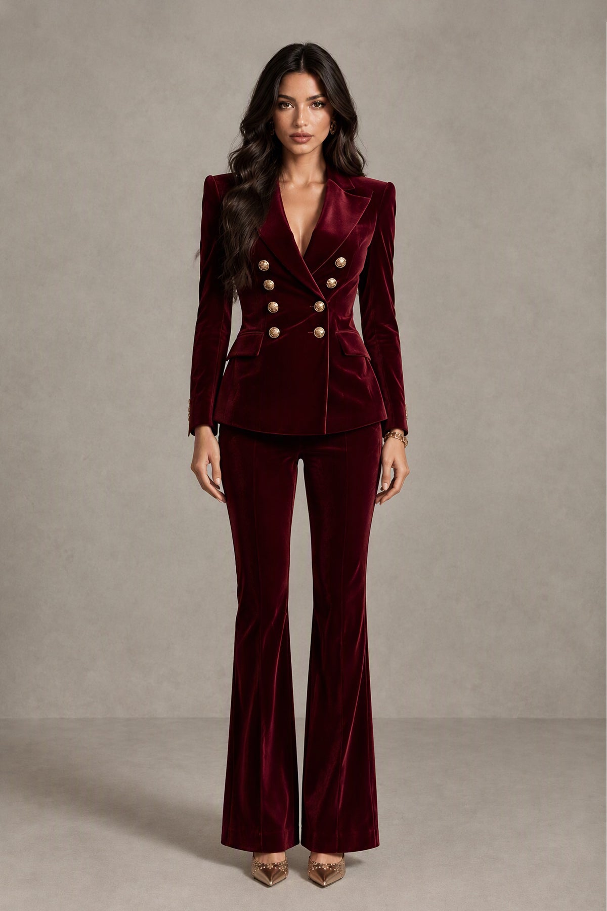 BOLODOO QQ069 burgundy velvet-look double-breasted blazer and flared pants suit, full front view