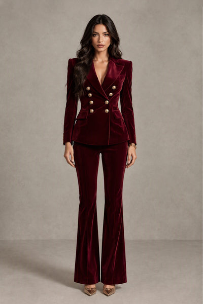 BOLODOO QQ069 burgundy velvet-look double-breasted blazer and flared pants suit, full front view