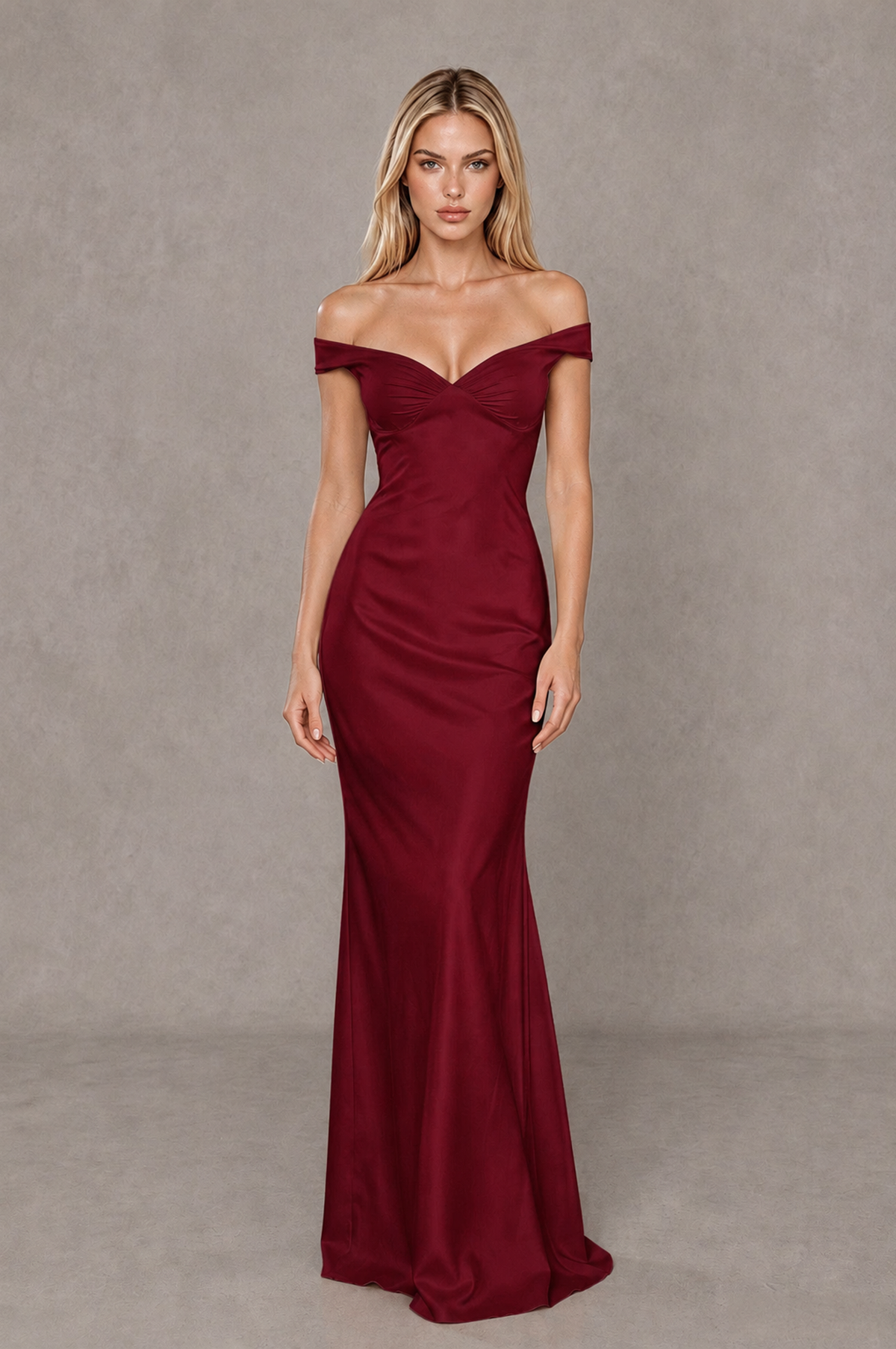 BOLODOO Burgundy Off-Shoulder Open-Back Satin Evening Gown 