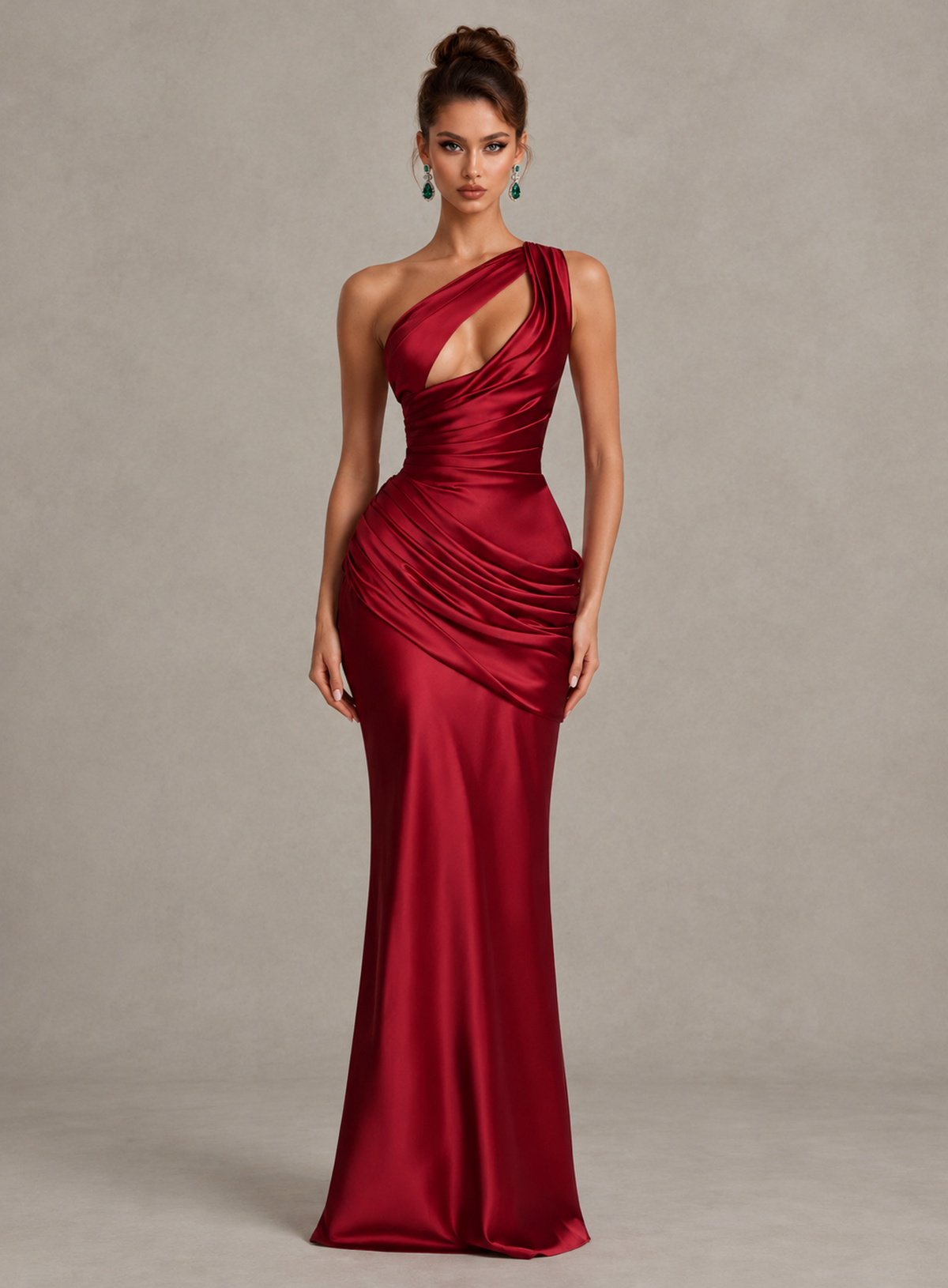 BOLODOO Burgundy One-Shoulder Cutout Satin Mermaid Prom Dress 