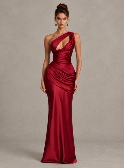 BOLODOO Burgundy One-Shoulder Cutout Satin Mermaid Prom Dress 