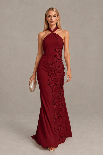 BOLODOO Burgundy Cross Halter Neck 3D Floral Appliqué Backless Mermaid Maxi Gown 