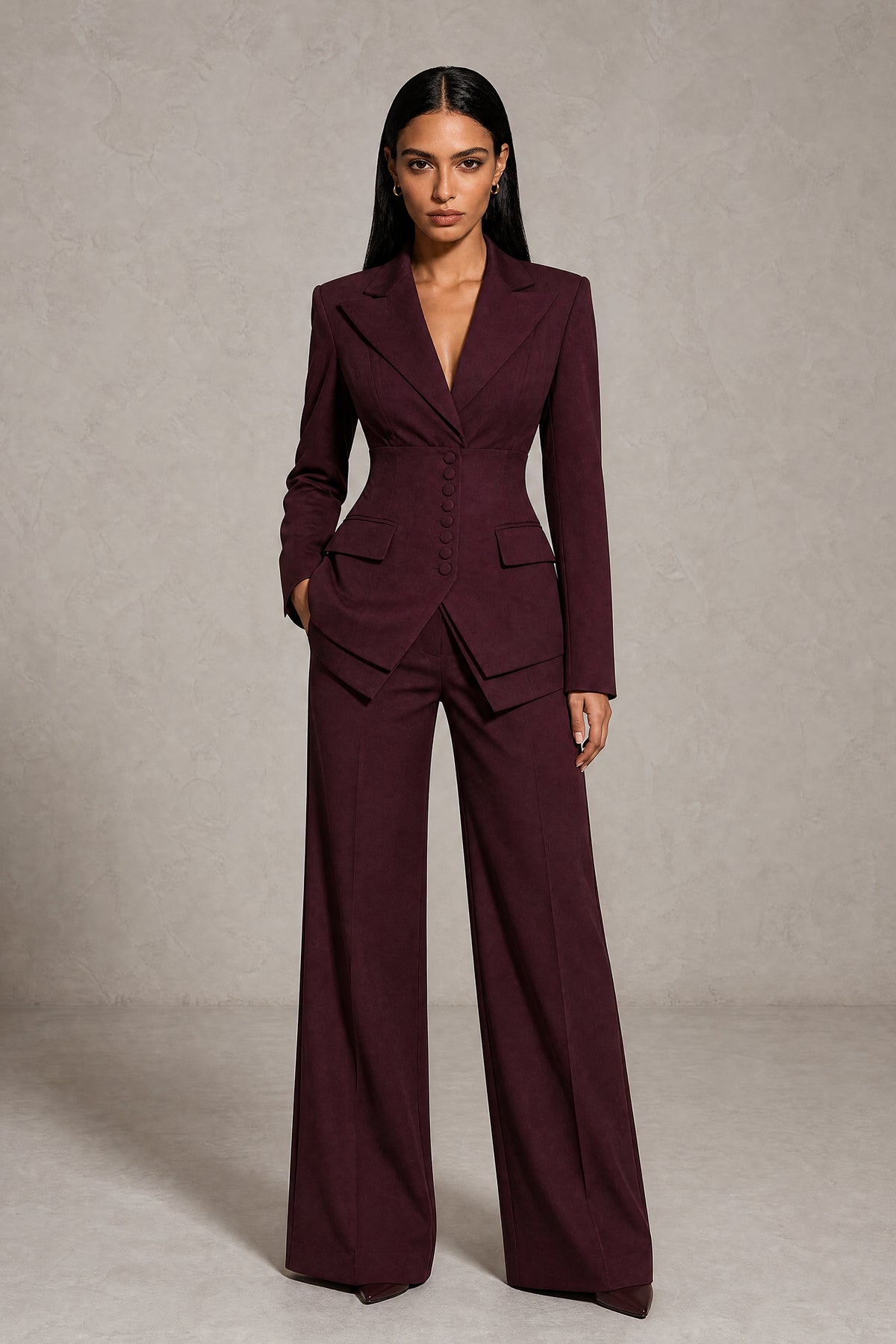 Burgundy cinched waist blazer and wide leg pants two piece suit set, front view