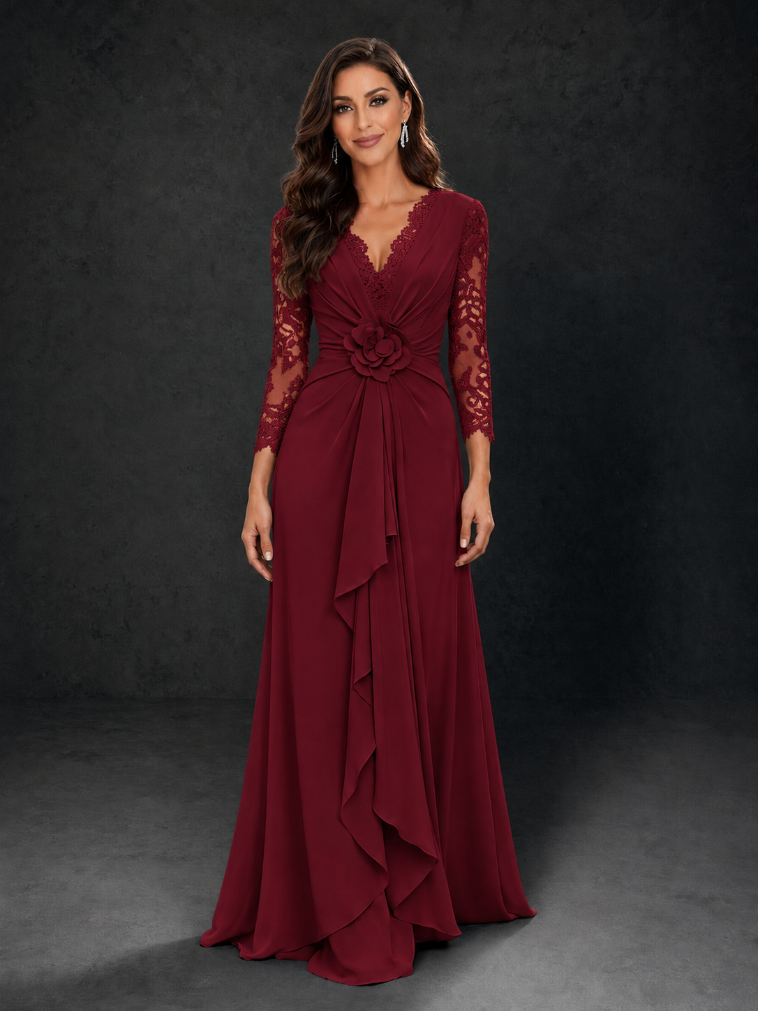 BOLODOO Burgundy Lace Sleeve V-Neck Floral Waist Chiffon A-Line Maxi Dress 
