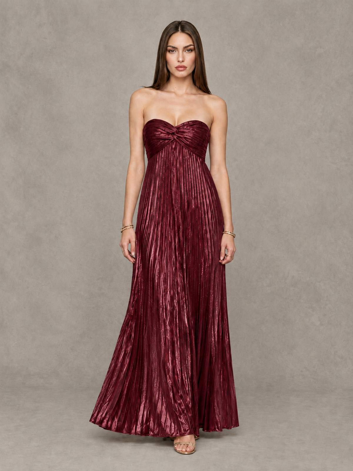 Back view of BOLODOO burgundy strapless pleated maxi dress showing exposed upper back