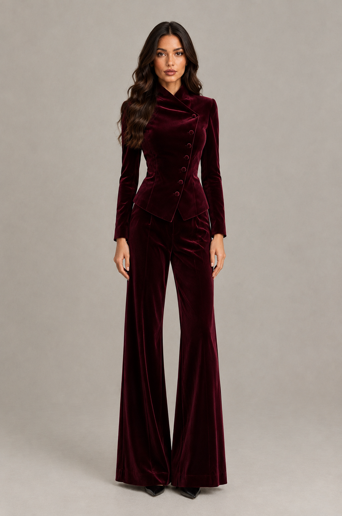 BOLODOO QQ070 burgundy velvet-look two-piece pantsuit, front view with long-sleeve blazer and wide-leg trousers