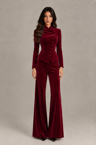 BOLODOO Burgundy Velvet Two-Piece Pantsuit with Long Sleeve Blazer & Wide-Leg Trousers 