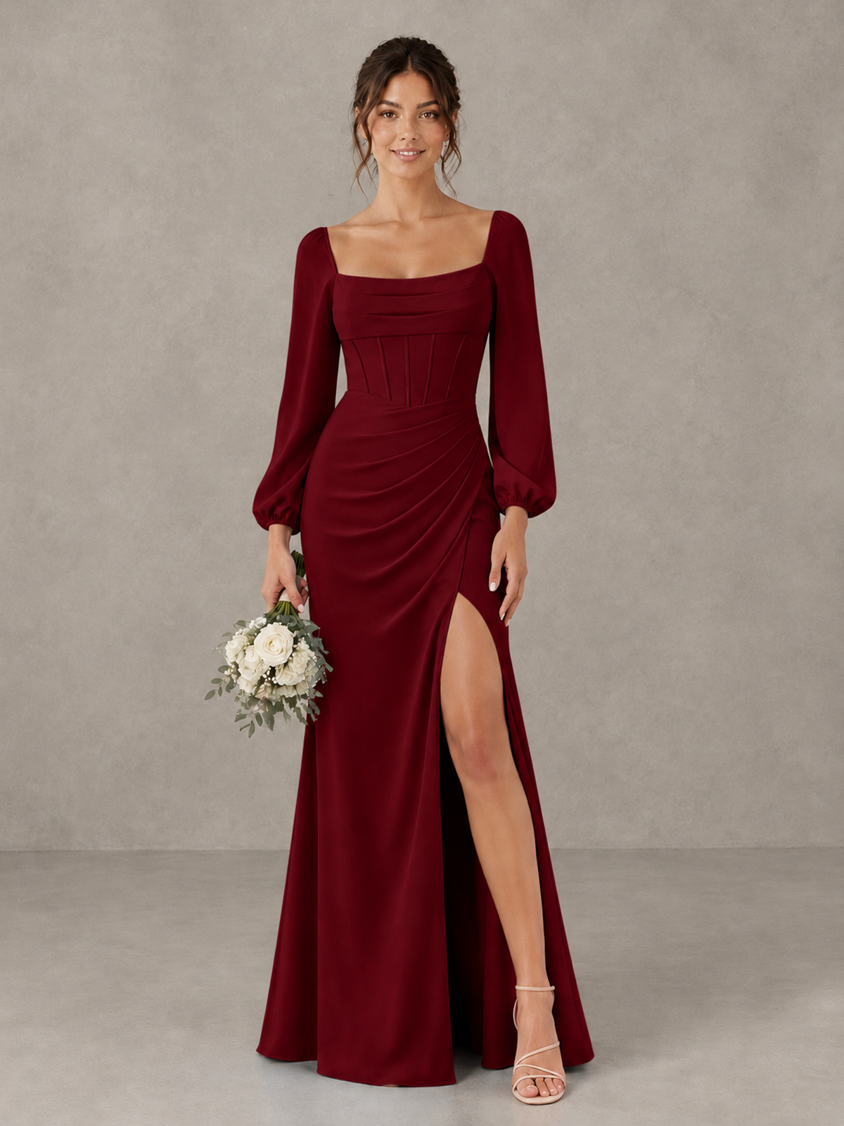 BOLODOO burgundy bishop sleeve formal dress styled with a bouquet, front view