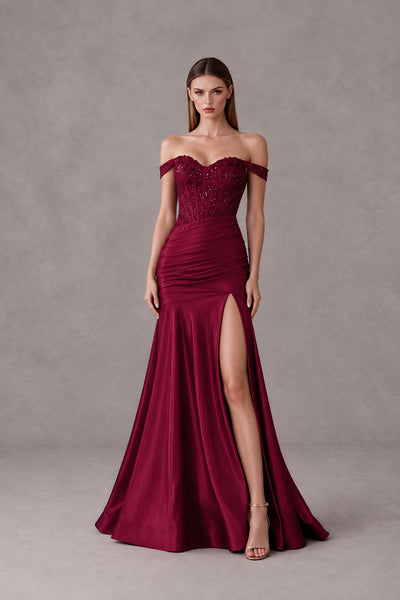 BOLODOO Burgundy Off-Shoulder Corset Mermaid Prom Dress with Slit Sequin Lace Evening Gown 