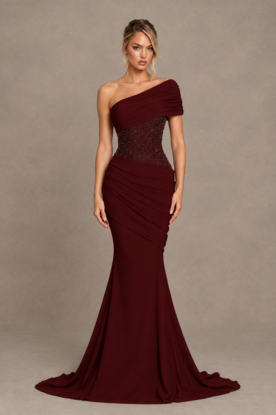 BOLODOO Burgundy One-Shoulder Sequin Embroidered Ruched Mermaid Gown with Train 