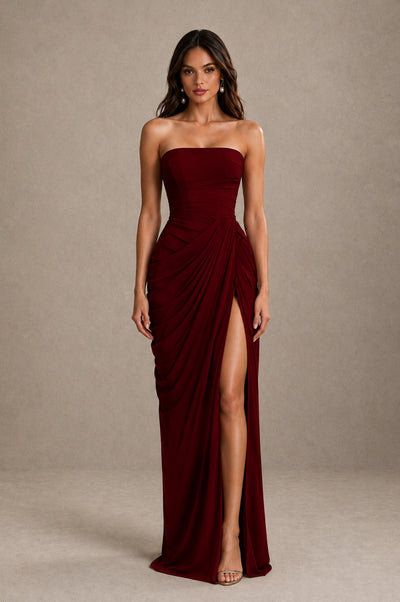 BOLODOO Strapless Draped Maxi Dress – Deep Red Backless Evening Gown with High Slit 