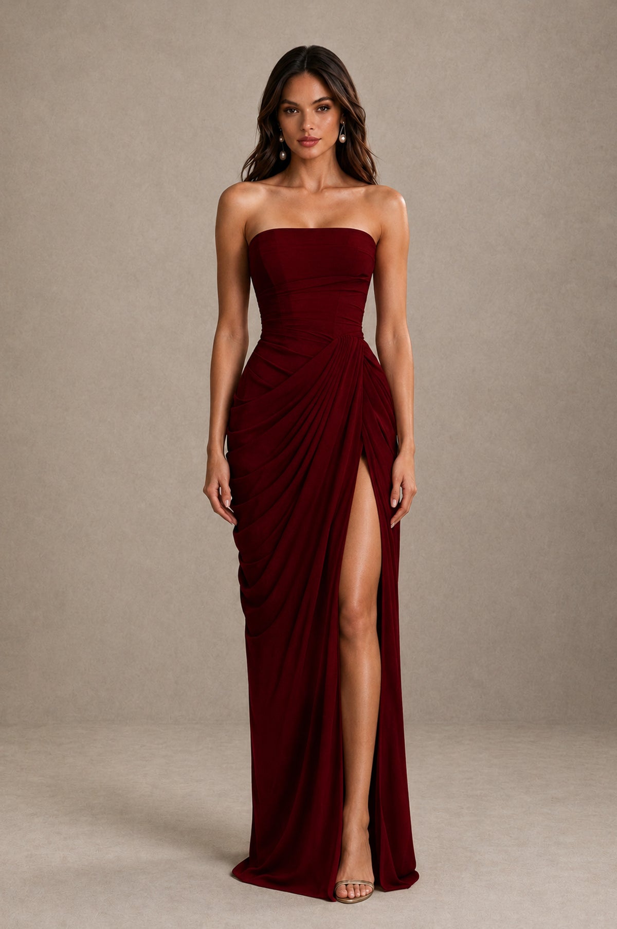 BOLODOO Strapless Draped Maxi Dress – Deep Red Backless Evening Gown with High Slit 