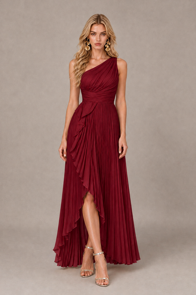BOLODOO Burgundy One-Shoulder High-Low Ruffle Maxi Dress 