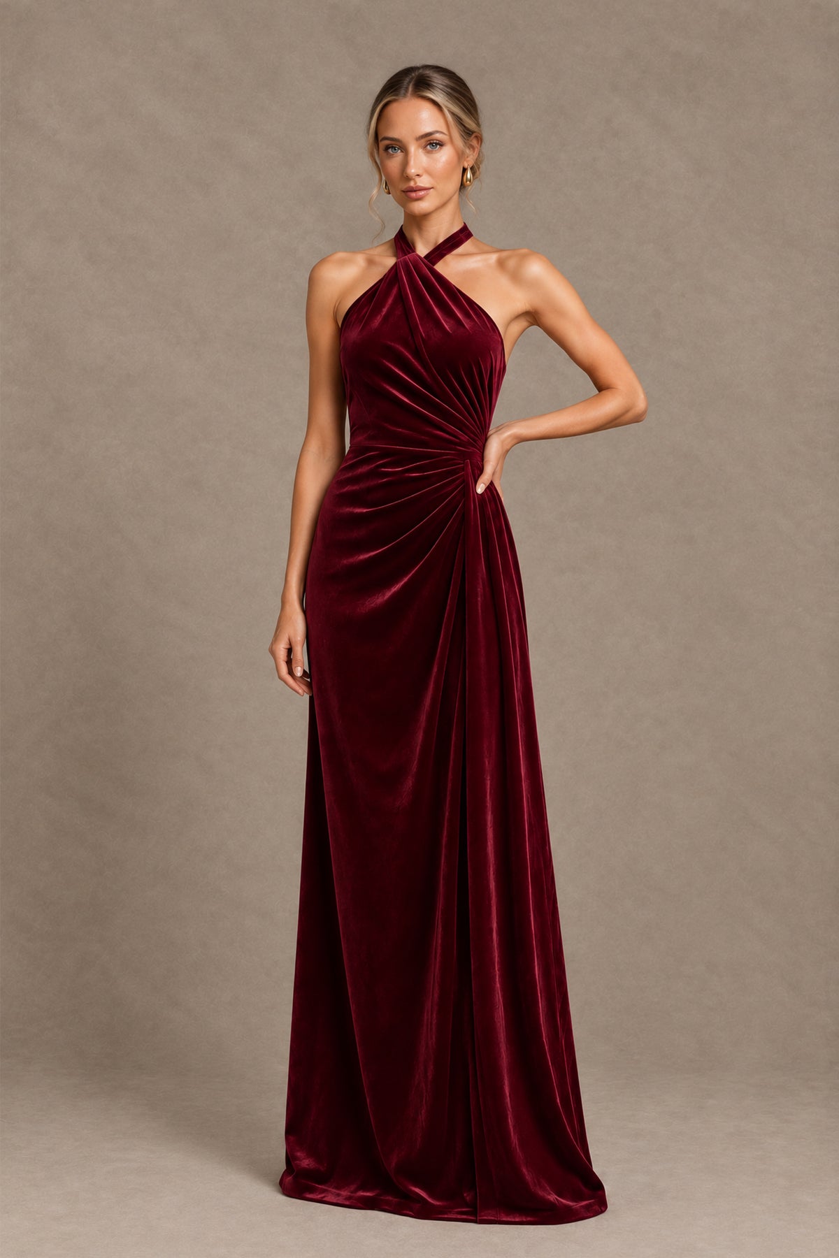 BOLODOO burgundy velvet-look halter evening dress with ruched waist, full front view