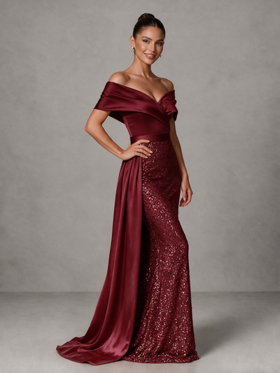 BOLODOO burgundy sequin mermaid evening dress with off-shoulder satin drape, front pose
