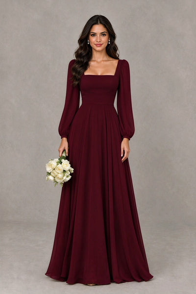 BOLODOO QQ090 burgundy square-neck long-sleeve A-line bridesmaid dress, full-length front view
