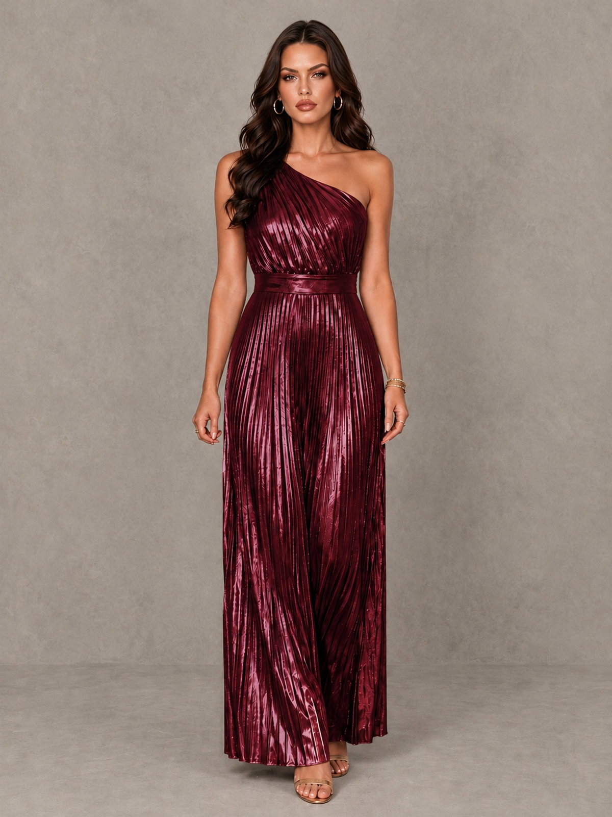 BOLODOO burgundy one-shoulder metallic-look pleated maxi evening dress, full front view