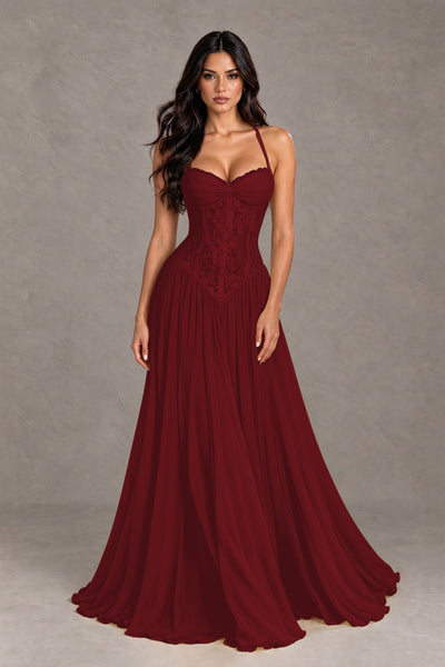 BOLODOO Burgundy Lace Corset Halter Maxi Gown – Backless A-Line Formal Dress 