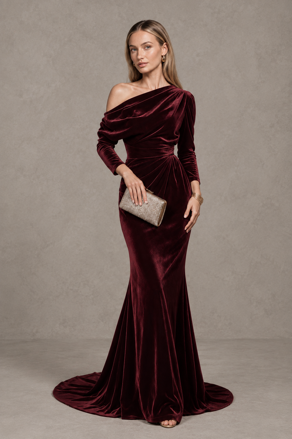 BOLODOO burgundy velvet one-shoulder long sleeve evening gown with floor-length skirt front view