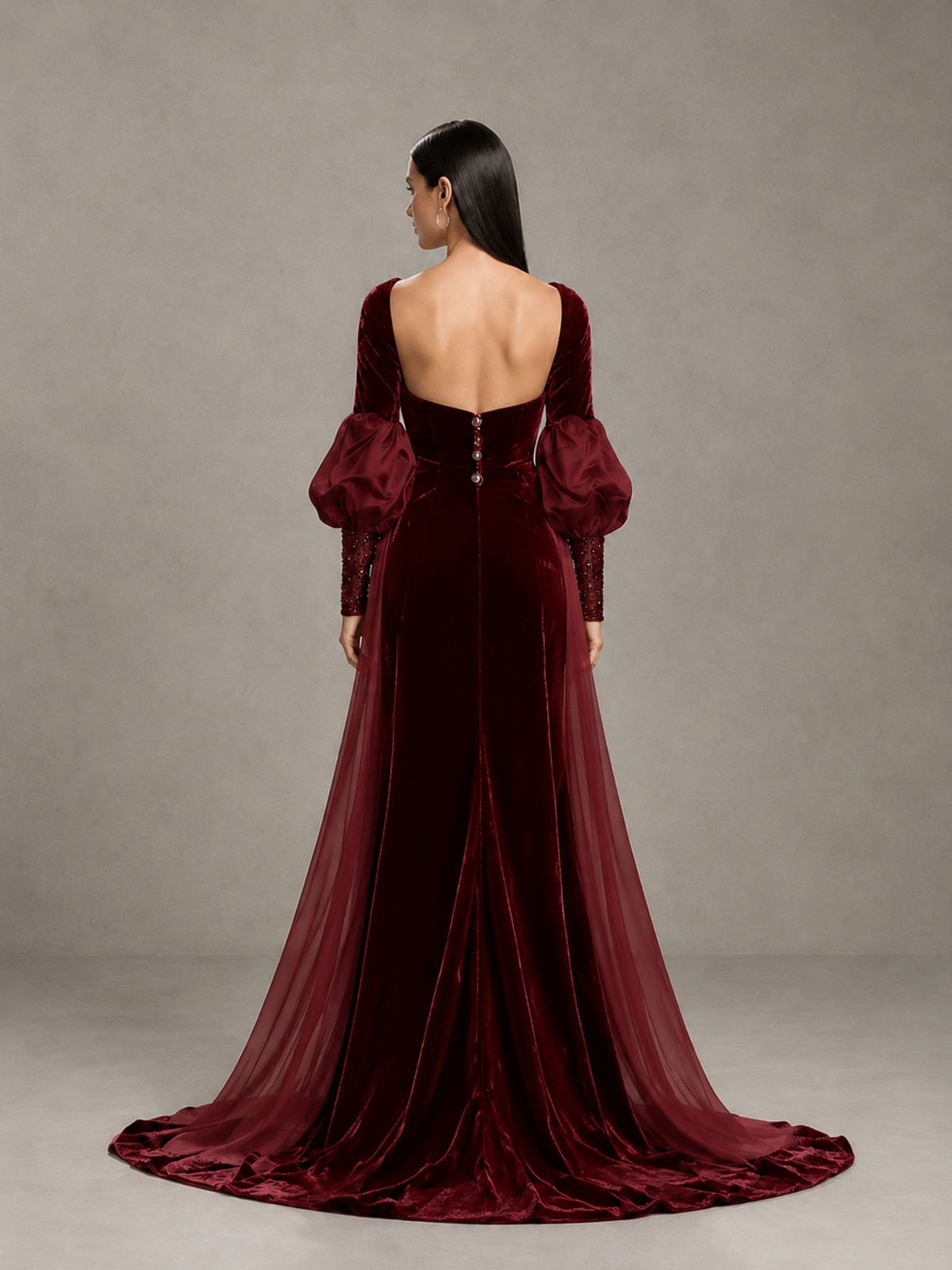 BOLODOO Burgundy Velvet Long Sleeve Open-Back Evening Gown 