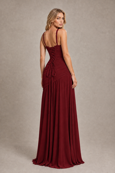 BOLODOO Burgundy Spaghetti Strap Ruched Maxi Dress – Formal Evening Gown with Slit 