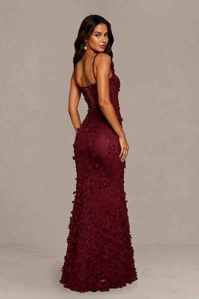 BOLODOO Burgundy Sequin 3D Floral Mermaid Maxi Gown – Lace-Up Back Formal Dress 
