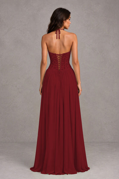 BOLODOO Burgundy Lace Corset Halter Maxi Gown – Backless A-Line Formal Dress 
