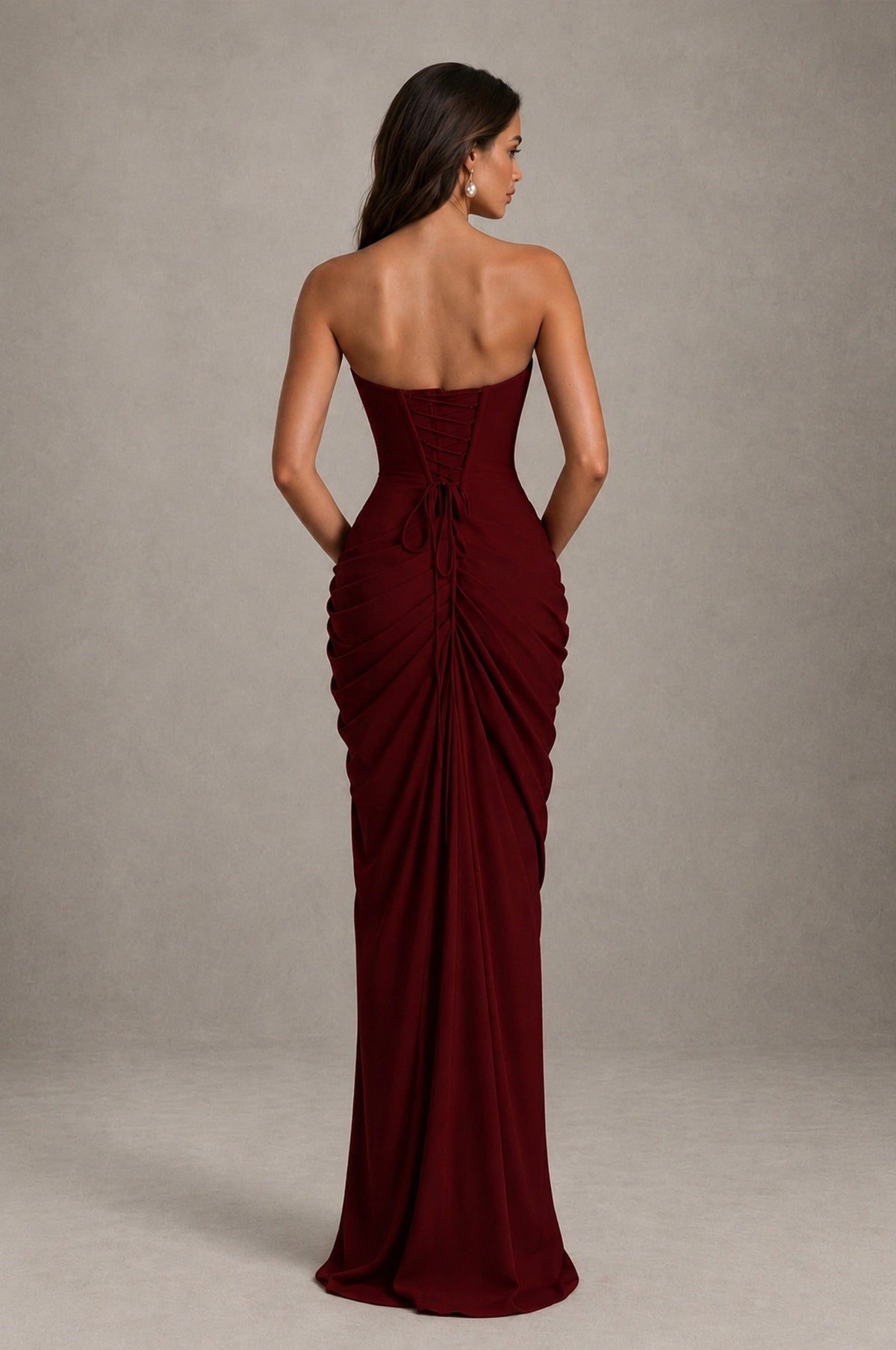 BOLODOO Strapless Draped Maxi Dress – Deep Red Backless Evening Gown with High Slit 