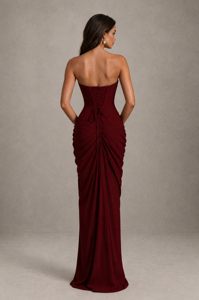 BOLODOO Strapless Draped Maxi Dress – Deep Red Backless Evening Gown with High Slit 