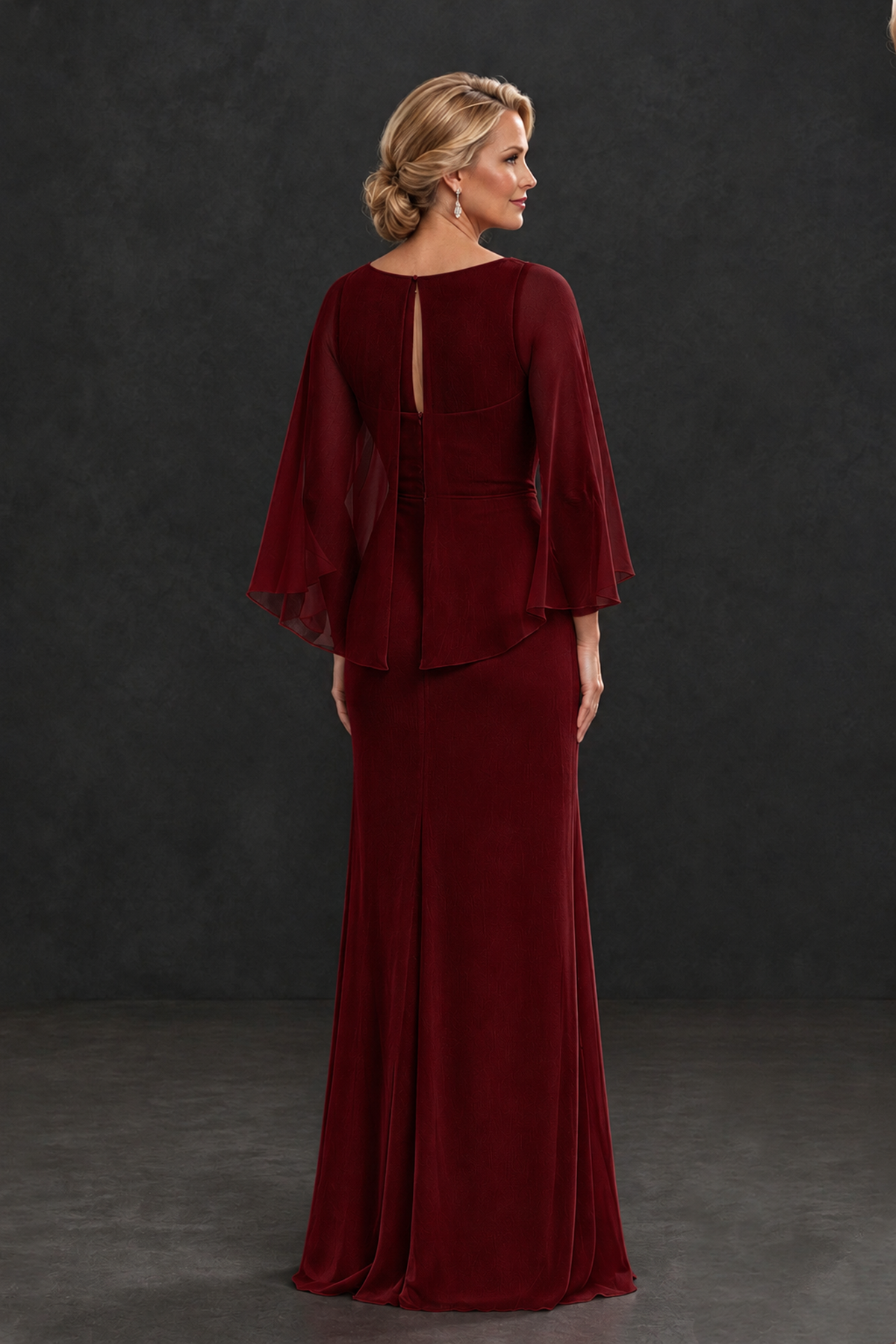 Back view of BOLODOO XX111 burgundy cape sleeve gown with small keyhole and covered back
