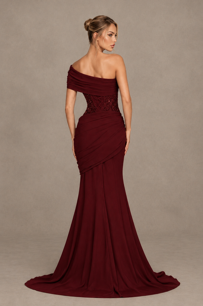 BOLODOO Burgundy One-Shoulder Sequin Embroidered Ruched Mermaid Gown with Train 