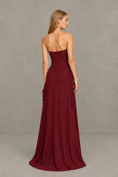 BOLODOO Burgundy Strapless 3D Floral Appliqué Crepe Maxi Gown 