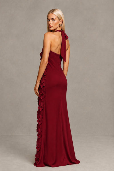 BOLODOO Burgundy Cross Halter Neck 3D Floral Appliqué Backless Mermaid Maxi Gown 