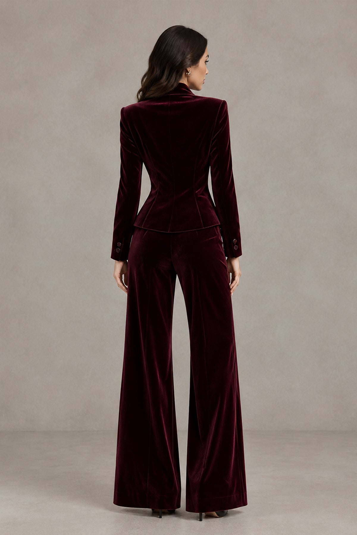 BOLODOO burgundy velvet-look pantsuit, rear view showing covered-back blazer and wide-leg trousers
