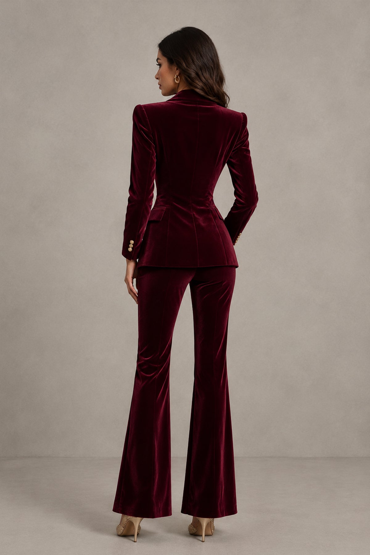 BOLODOO burgundy two-piece pantsuit showing covered-back blazer and flared trousers, back view