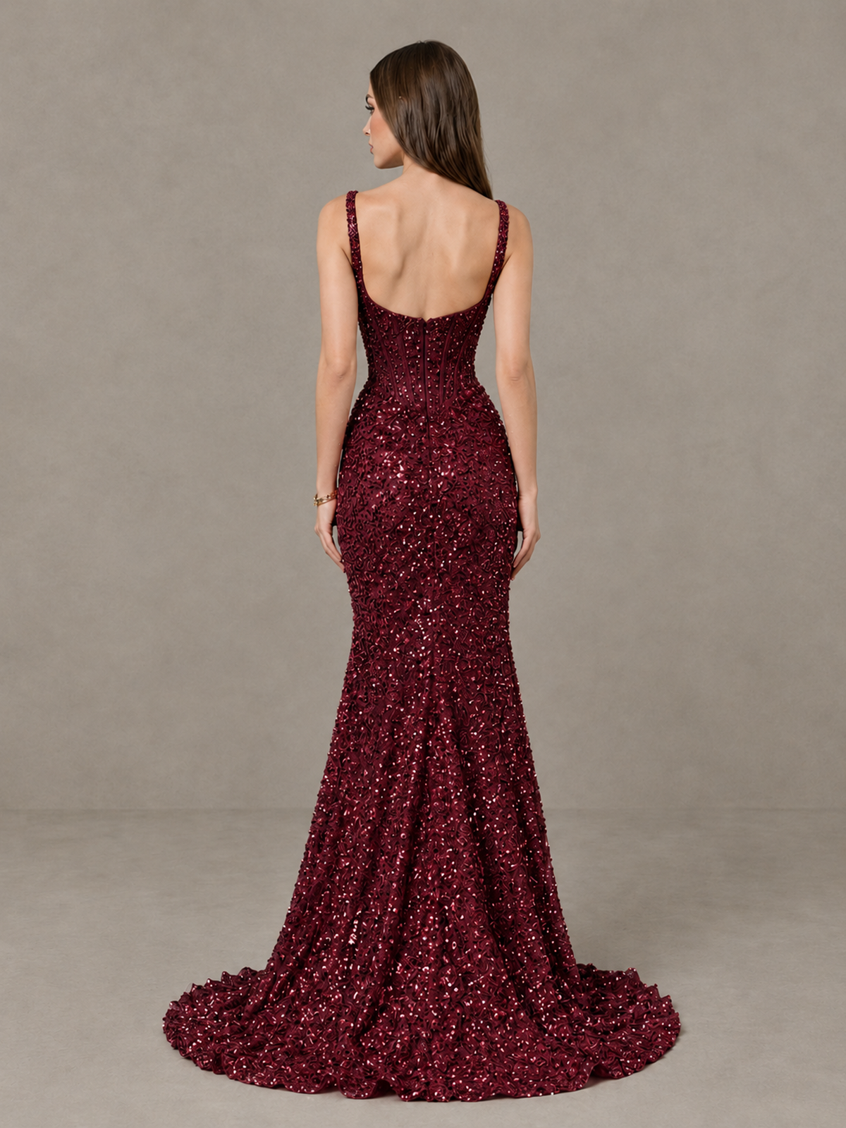 BOLODOO Burgundy Sequin Corset Evening Gown with High Slit 
