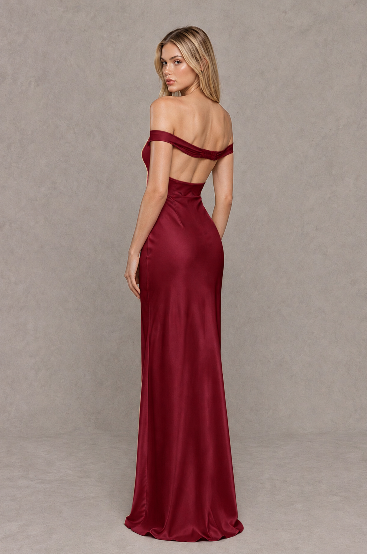BOLODOO Burgundy Off-Shoulder Open-Back Satin Evening Gown 