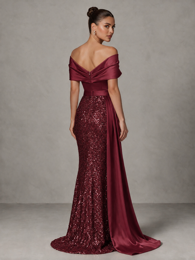 BOLODOO burgundy sequin mermaid evening dress, covered draped back and satin train