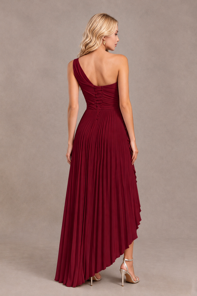 BOLODOO Burgundy One-Shoulder High-Low Ruffle Maxi Dress 