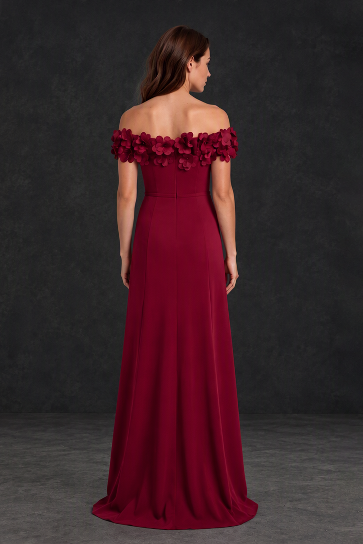 BOLODOO XX072 burgundy off-the-shoulder gown with exposed upper back, full rear view
