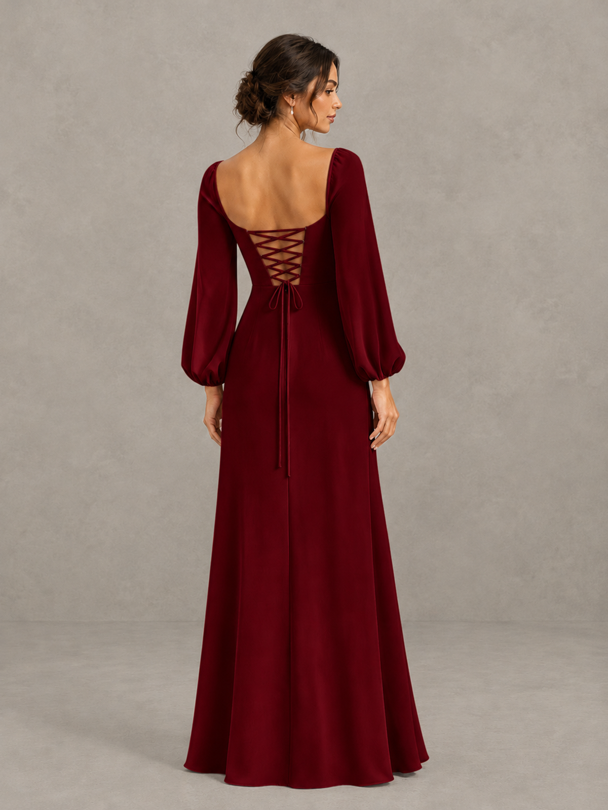 BOLODOO burgundy evening dress with low open back and lace-up ties, back view
